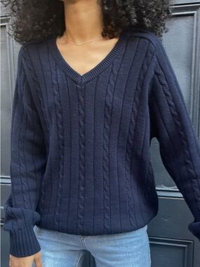 Brandy Melville Ida Cotton Cable Knit V Neck Sweater Womens One Size Navy Blue